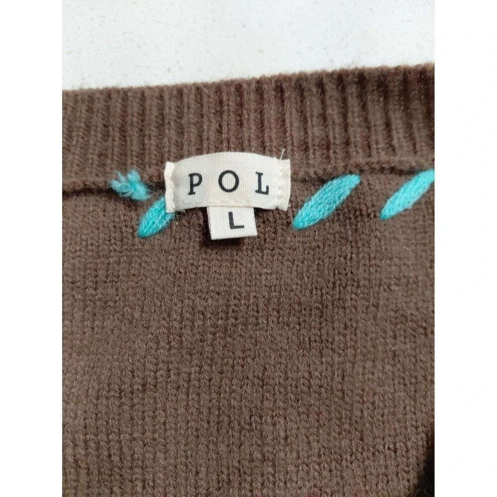 POL Women's V-Neck Sweater Chocolate Brown with Textured Flowers size Large